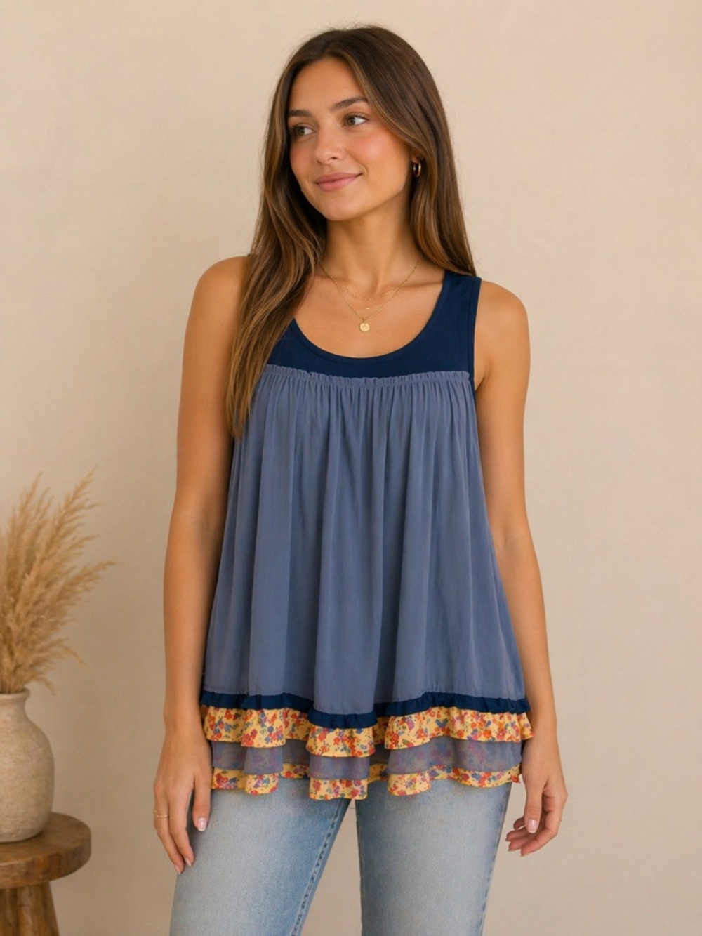 Matilda Jane Navy Blue Floral-Trim Ruffle Tank